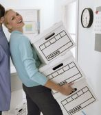 A couple with storage boxes